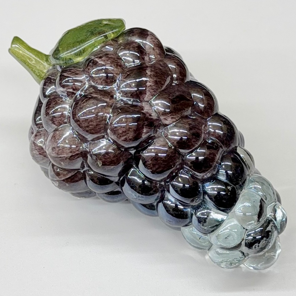 Hand Blown Art Glass Grape‎ Cluster Figurine Purple Clear Decorative Fruit 6.25"